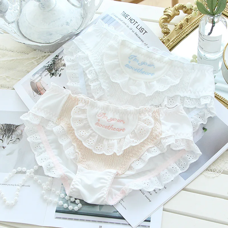 Cotton Milk Silk Low Waist Women Cute Lovely Sweety Underwear Lolita Princess Style Lace Ruffles Panties Breifs