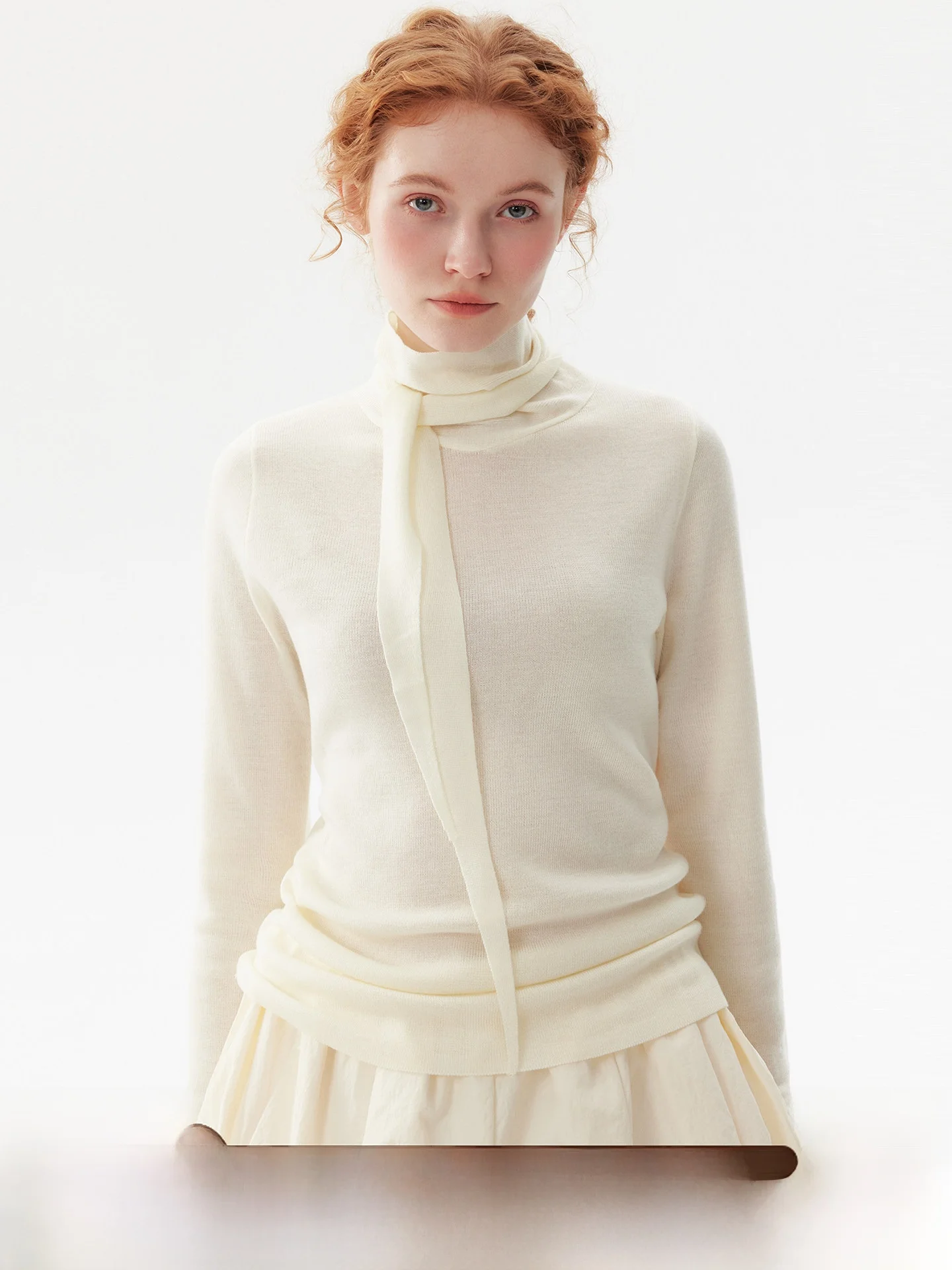

Elegant Cashmere Knitted Sweater Women's Soft Warm Long Sleeve Neck Warmer Integrated Design Fashionable Base Layer Wool Shirt