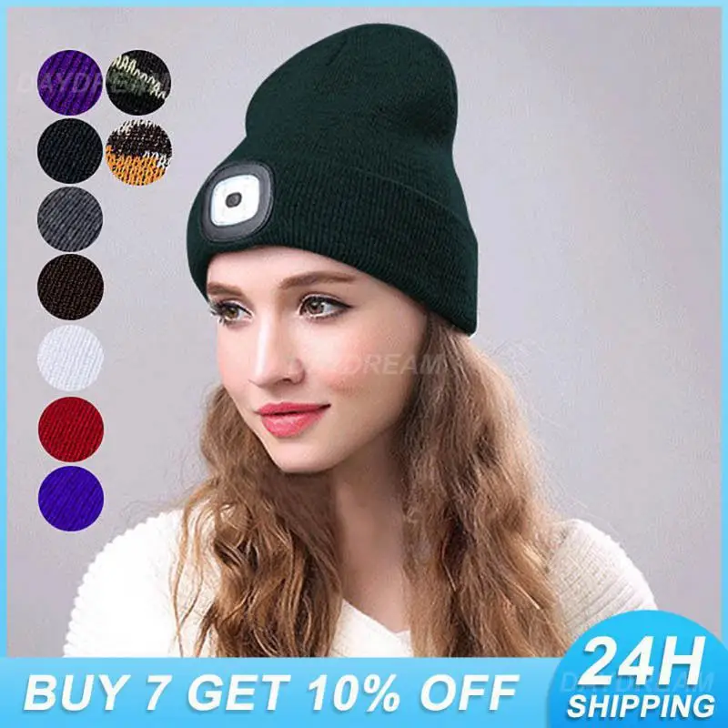 LED Lighted Beanie Cap Hip Hop Men Women Winter Warm Knitted Hat Luminous Outdoor Hunting Camping Hiking Running Fishing Caps