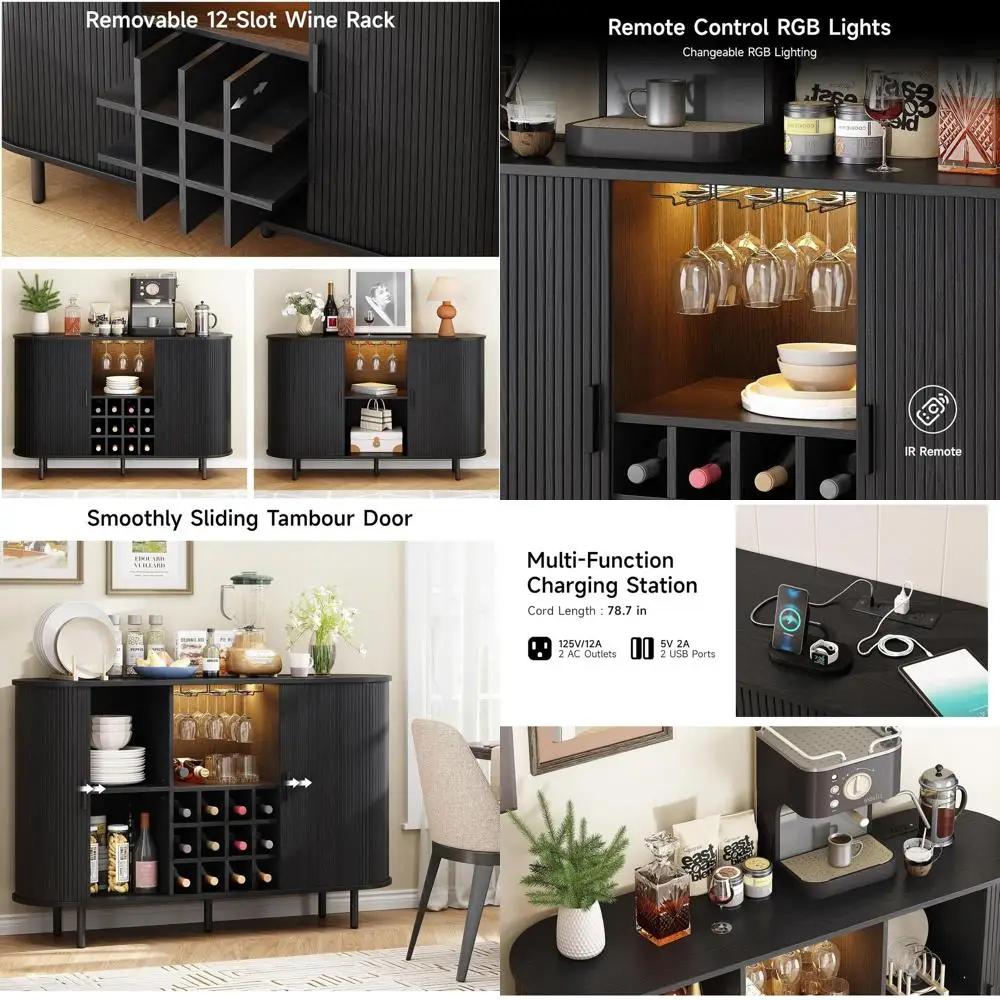 

Black 55 LED-lit Wine & Liquor Cabinet with Storage, Glass Holder, Ideal for Home Bar or Entryway