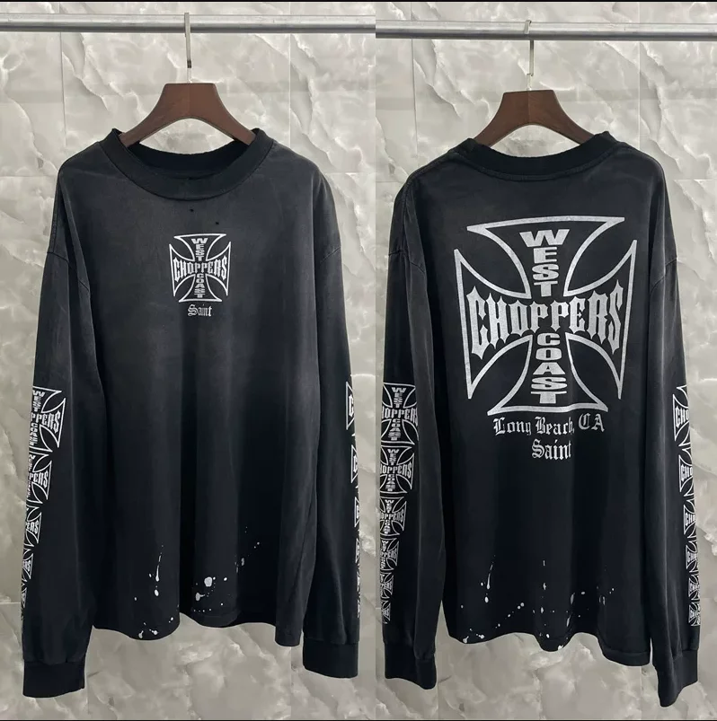 Best Version Saint x West Coast choppers Logo Printed Women Men Hand-painted ink Long Sleeve  T shirt Oversized Men T shirt