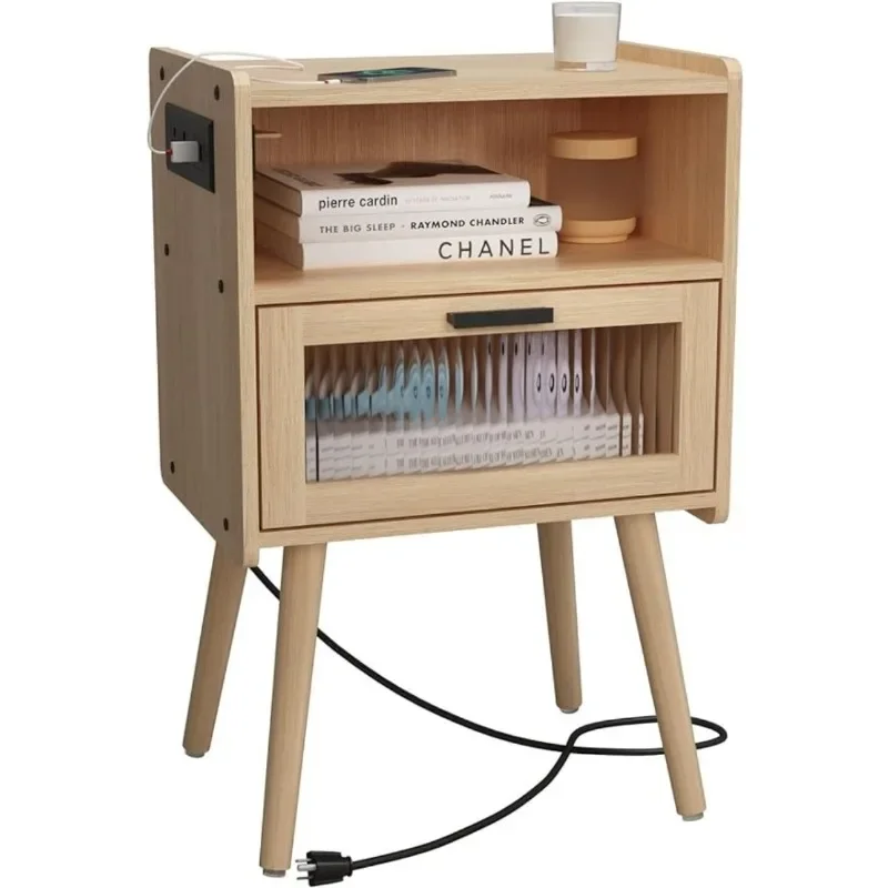 

Century Modern Nightstand with Charging Station, Bedside Tables with Glass Drawer