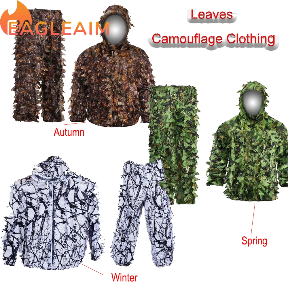 

3D Hunting Suit Spring Autumn Winter Serrated Camouflage Suit Sniper CS Bionic Ghillie Suits Maple Leaf Woodland Universal Camo