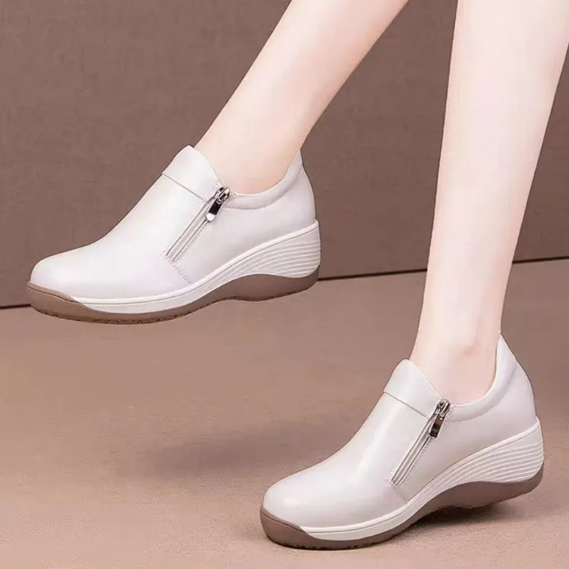 

Women's Spring Summer New Leather Wedges Casual Shoes Thick Sole Non Slip Round Toe Zippers Height Increasing Nude Shoes