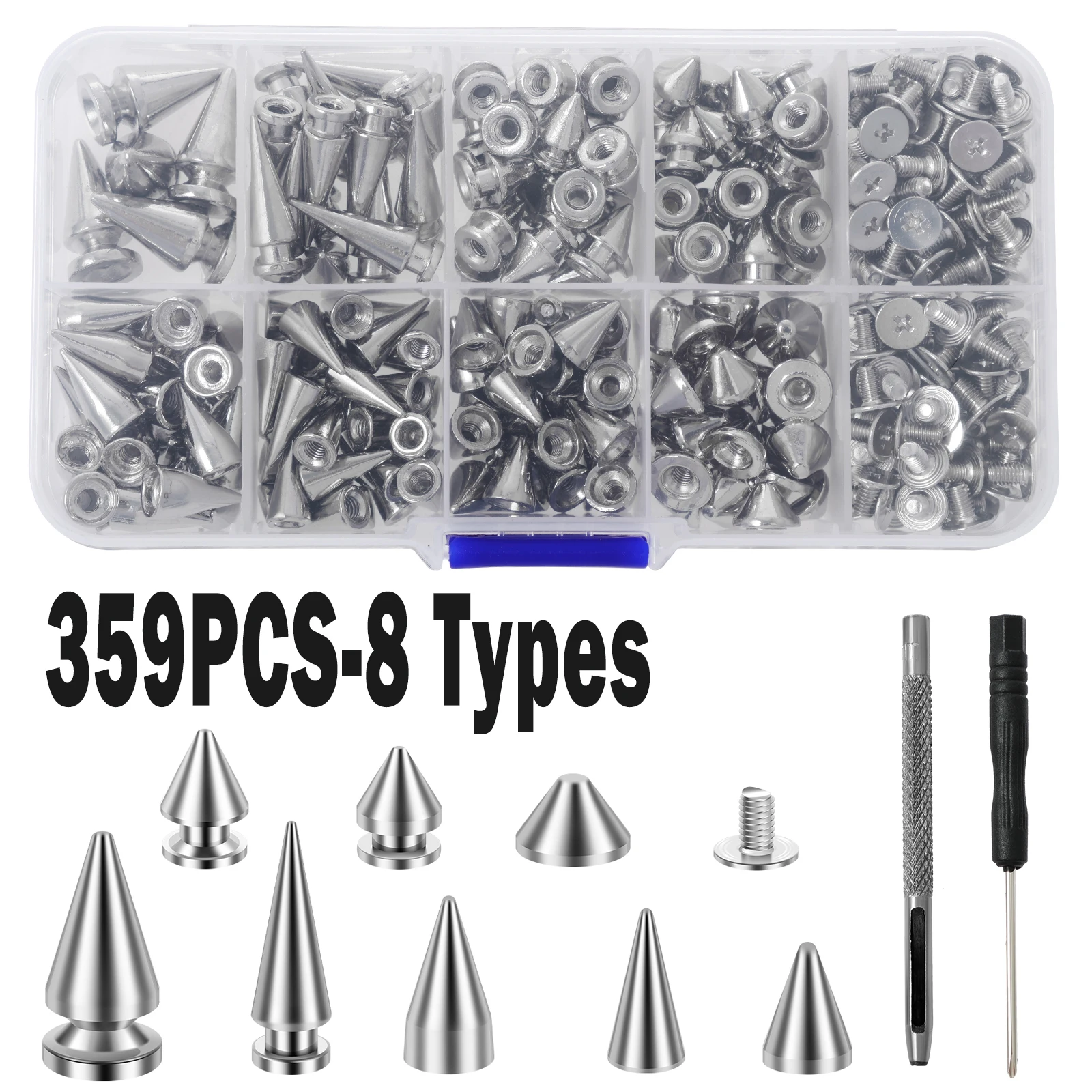 Rodada Cone Spikes Kit para Roupas Artesanato de Couro, Catappa Liga Screwback Punk Rivet, Parafuso Voltar Studs e Spikes, DIY Acessórios, 359pcs