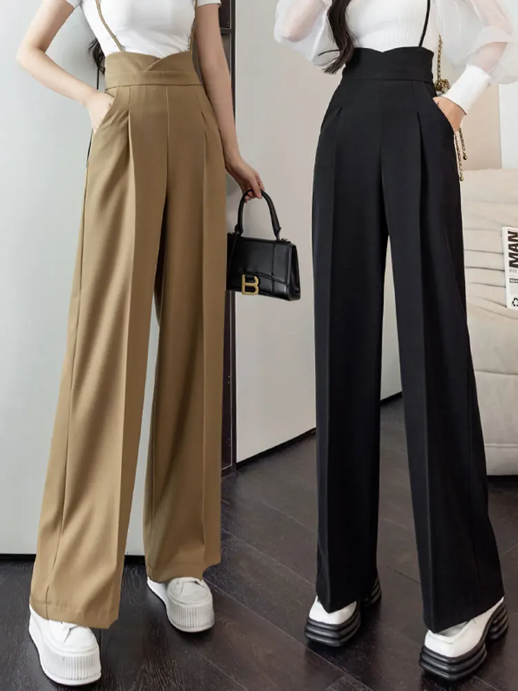High Waist Wide Leg Suit Pants Women Summer Bloomers Casual Drapey Straight Loose Long Trousers Trendy Fashion Ladies