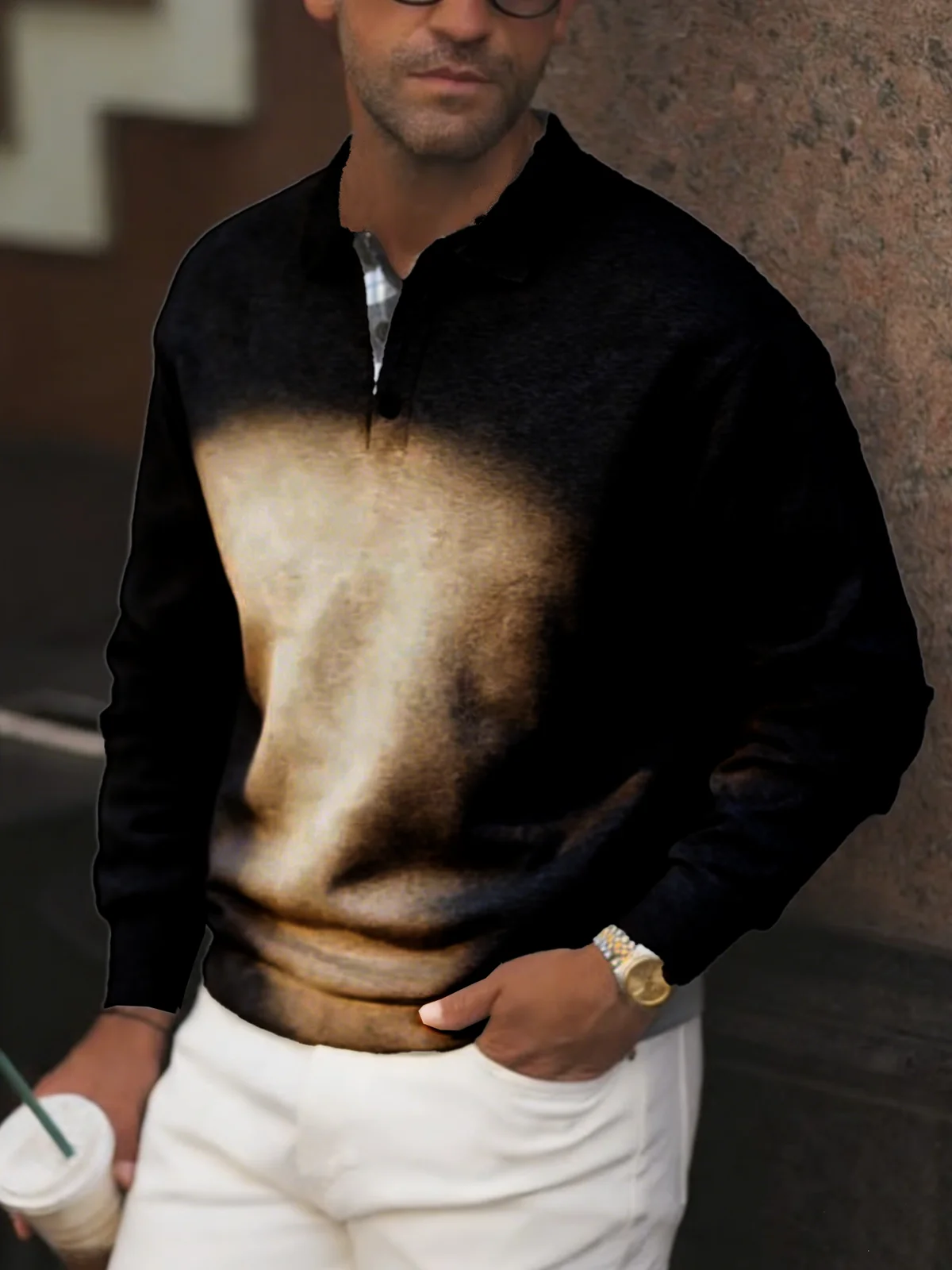 

Fake two piece checkered patchwork long sleeved polo shirt for men's autumn loose casual lapel sweatshirt