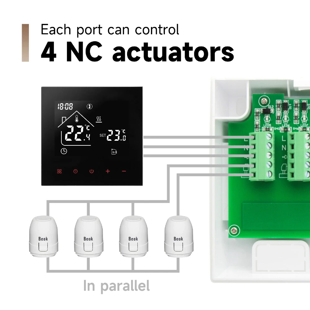 Beok Zone Heating System Thermostat for Water Floor and Gas Boiler Thermostat Controller  8 Zone with Actuator