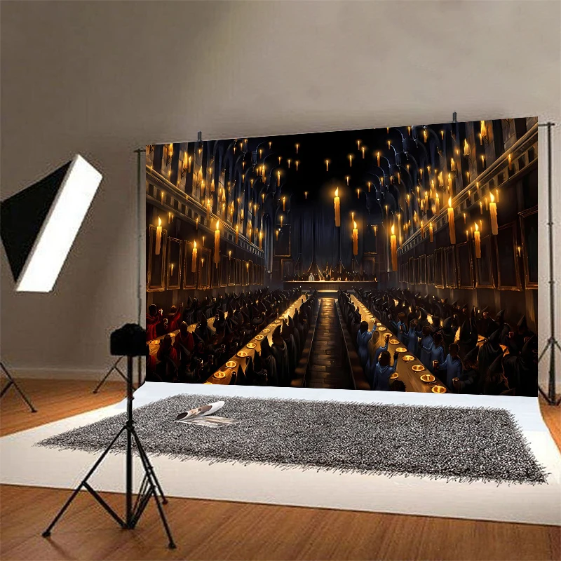 Hogwarts Great Hall Backdrop Witch Wizard Magic Movie Castle School Photo Background Magic Birthday Party Decoration for Kids