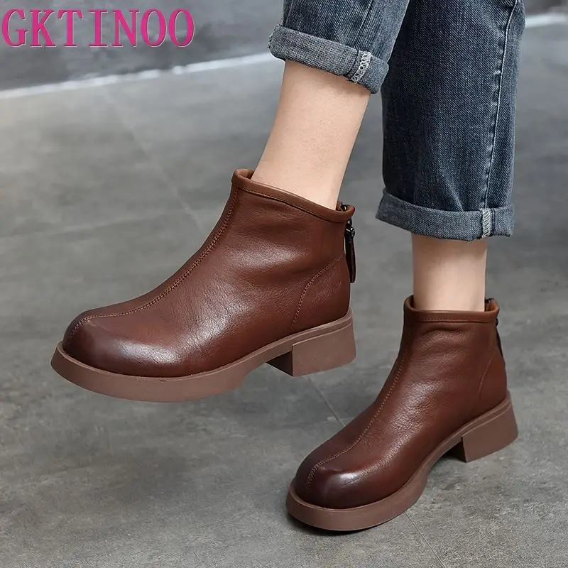 

GKTINOO Genuine Leather Retro Ankle Boots For Women Thick Heel Back Zippers Luxury Shoes Elegant Short Boots 2023 Ladies Boots