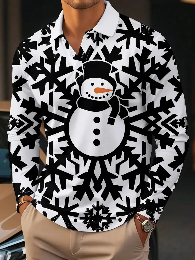 

Men's 3D Print Snowman Graphic Polo Shirts Merry Christmas Creative Long Sleeve Pullovers Festival Party Casual Comfortable Tops