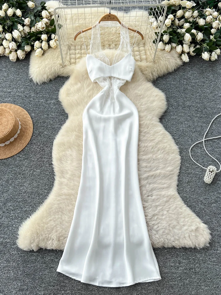 여름 여성 레이스 스플라이스 홀터넥 슬림핏 가운 새틴 원단 하이웨이스트 A라인 반팔 출근룩 한국 스타일