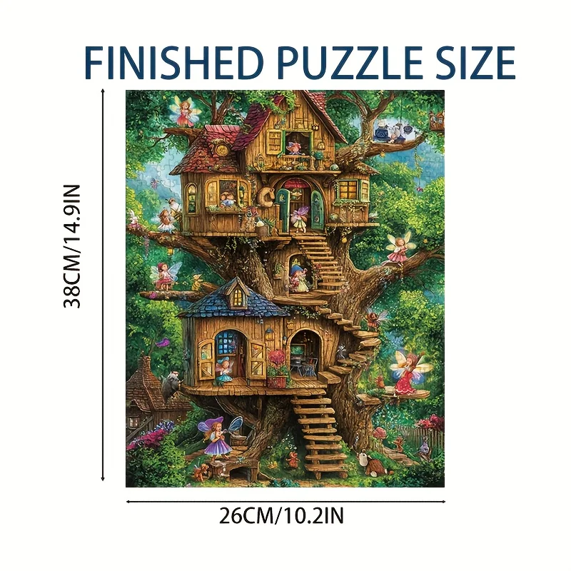 لغز صغير الحجم 1000 قطعة فن بيت شجرة قزم، 38 × 26 سم، كوخ شتوي سحري لديكور العطلة وعشاق الأعمال اليدوية