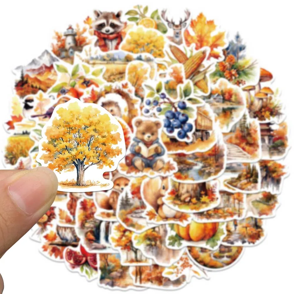 50pcs Waterproof Graffiti Cute Cartoon Autumn Animals Foods Stickers For Laptop Water Bottle Luggage Notebook Vinyl Decals