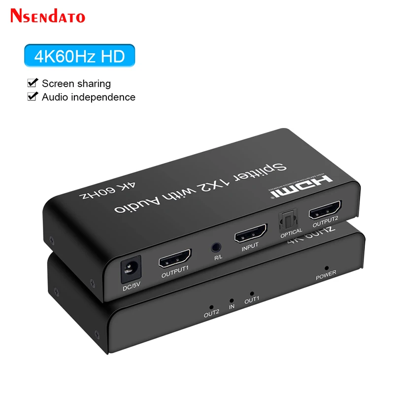 4K 60hz HDMI Splitter 1x2 with Optical R/L Audio Video Converter 1 In 2 Out HDMI Splitter For PC To TV Display amplifier DVD STB