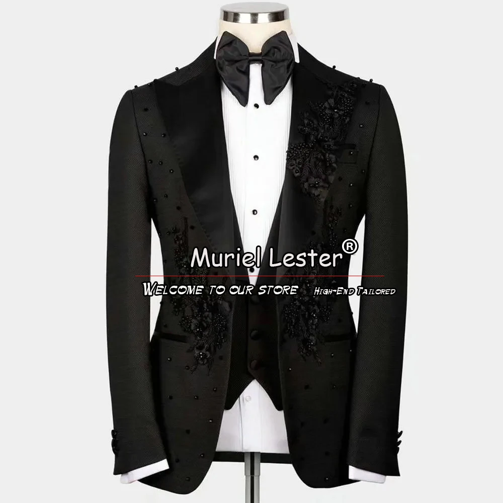 

Luxury Wedding Suits For Men Black Pearls Appliques Jacket Handmade 3 Pieces Groom Wear Tuxedo Tailor-Made Male Fashion Clothing