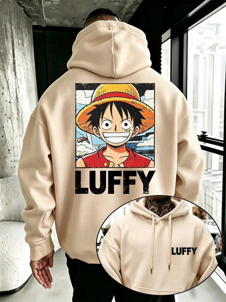 One Piece Luffy Portrait Hoodie,Drawstring Pullover Sweatshirt Monkey D Luffy Retro Poster Front Back Print Anime Streetwear Top