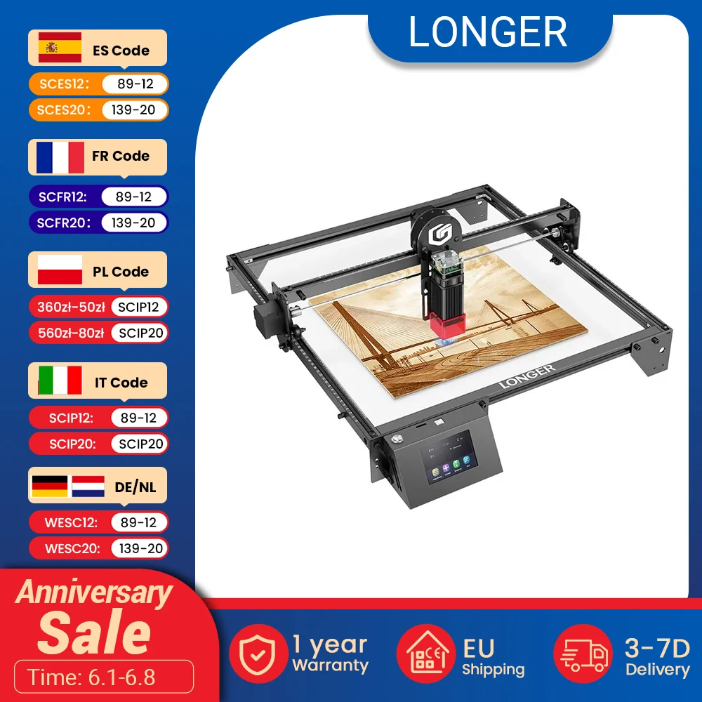 LONGER RAY5 10W Laser Engraver, 0.06x0.06mm Laser Spot, Touch Screen, Offline Carving, 32-Bit Chipset, Working Area 400x400mm