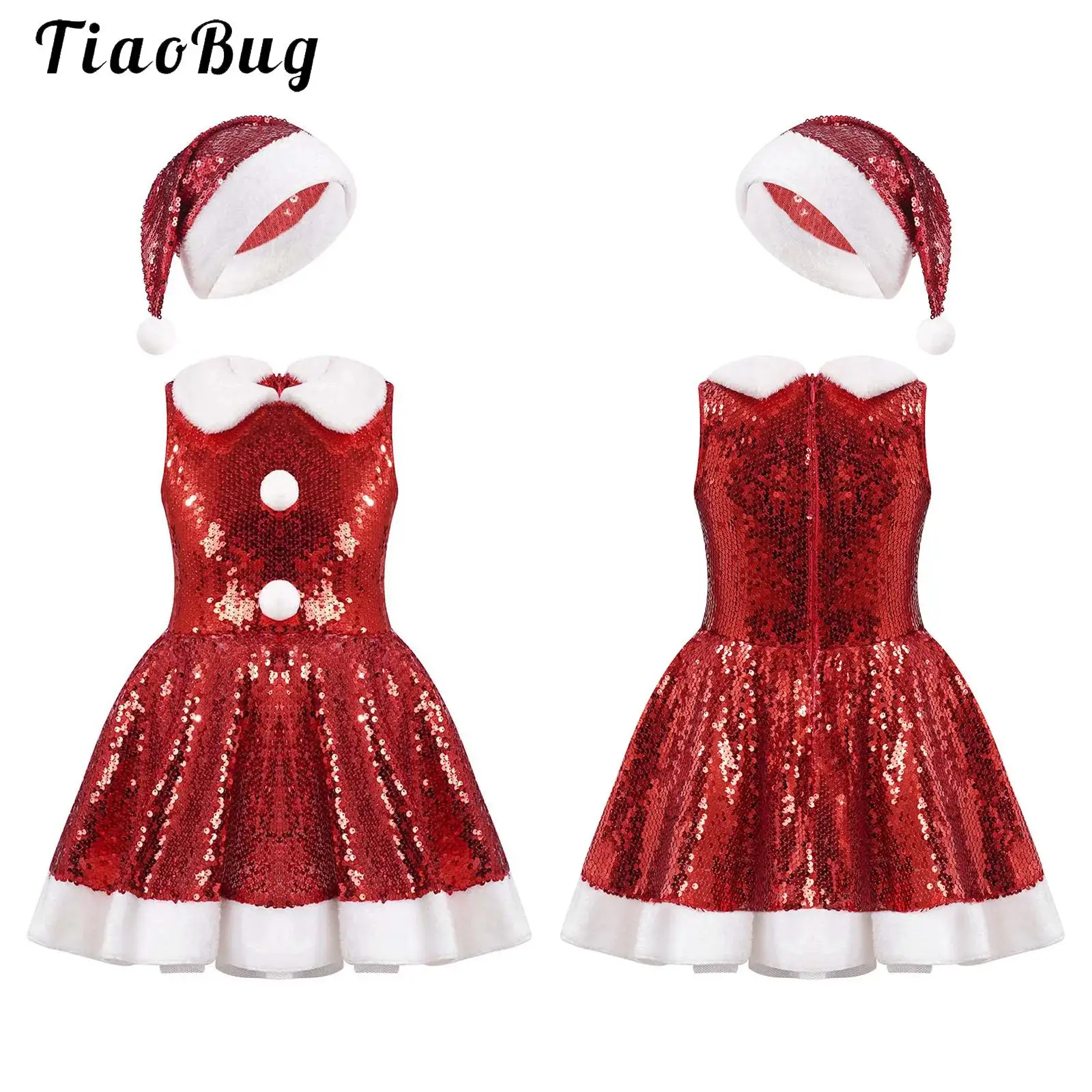 

Kids Girl Christmas Dance Costume Sleeveless Sequins Ballet Tutu Dress Santa Claus Cosplay Suit Jazz Latin Performance Dancewear