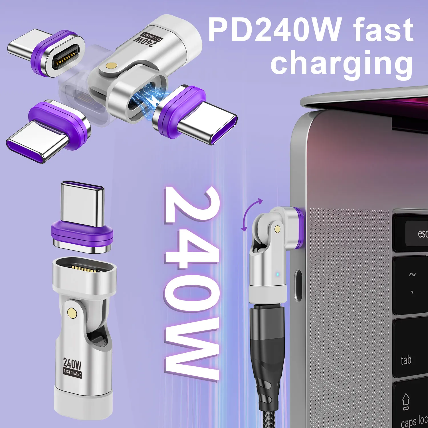 USLION 240W Magnetic Adapter USB C to Type-C Fast Charging Cable Type C Female Converter for Macbook iPhone 16 15 Xiaomi