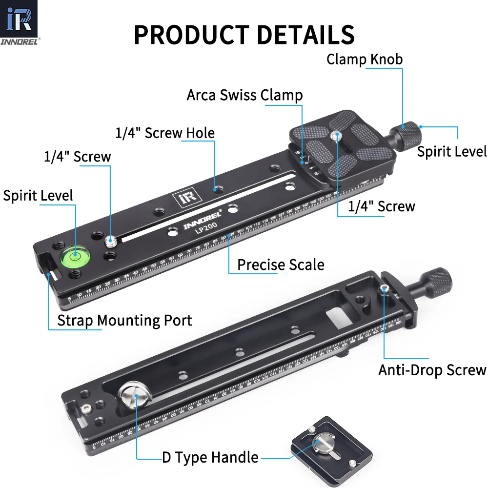 INNOREL LP200 Long Quick Release Plate 200mm Arca Swiss Universal Standard Rail Nodal Slide Aluminum Clamp, for DSLR Camera Lens