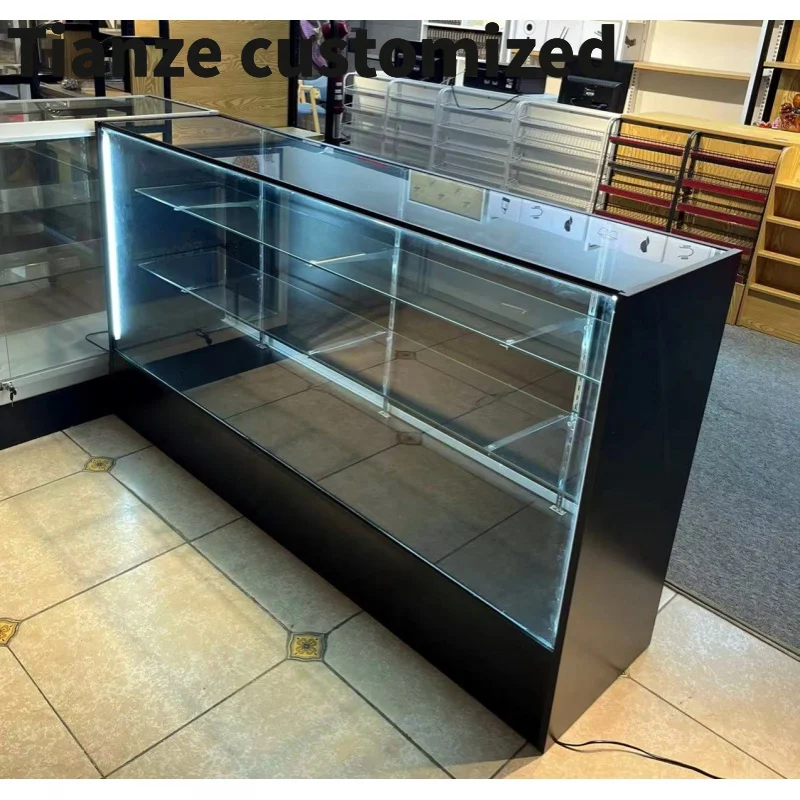 

Customized-wooden tempered glass retail shop display shop display furniture led light sliding smoke shop showcase counter