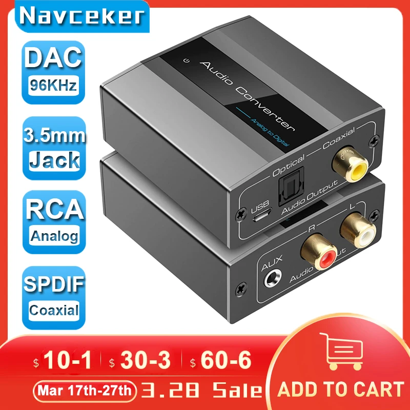 Navceker 96KHz Analog to Digital Audio Converter With RCA 3.5mm Jack Stereo to Optical Toslink SPDIF Coaxial Adapter for TV PS3