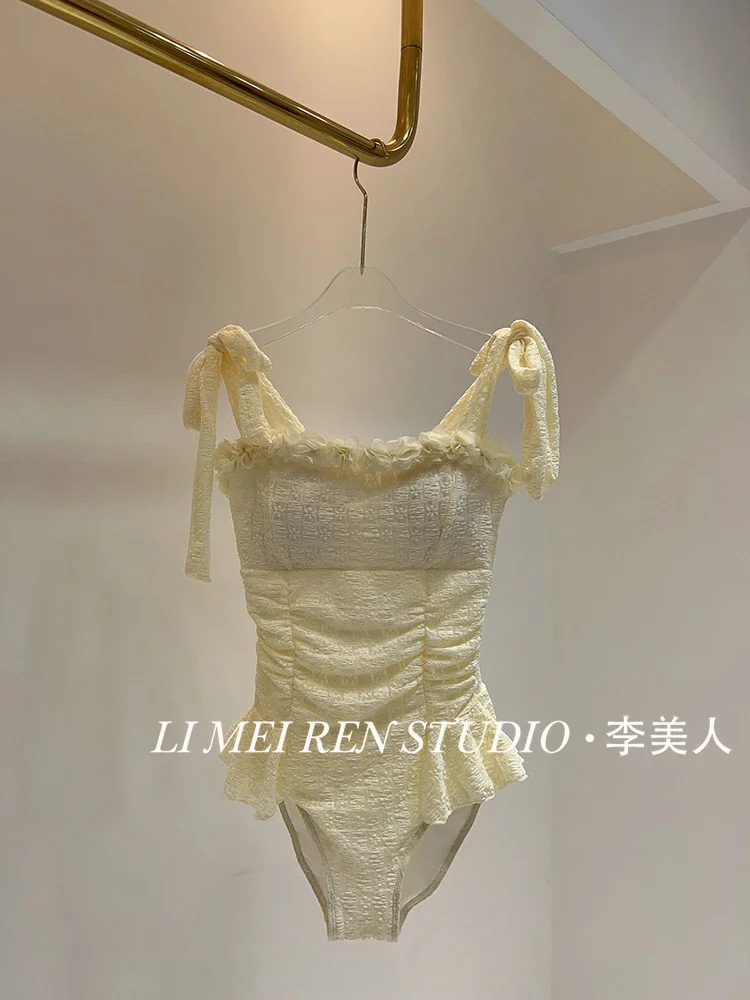 New Sweet Petal Cream Yellow Knitted Skirt Style jumpsuit  swimsuit for Women