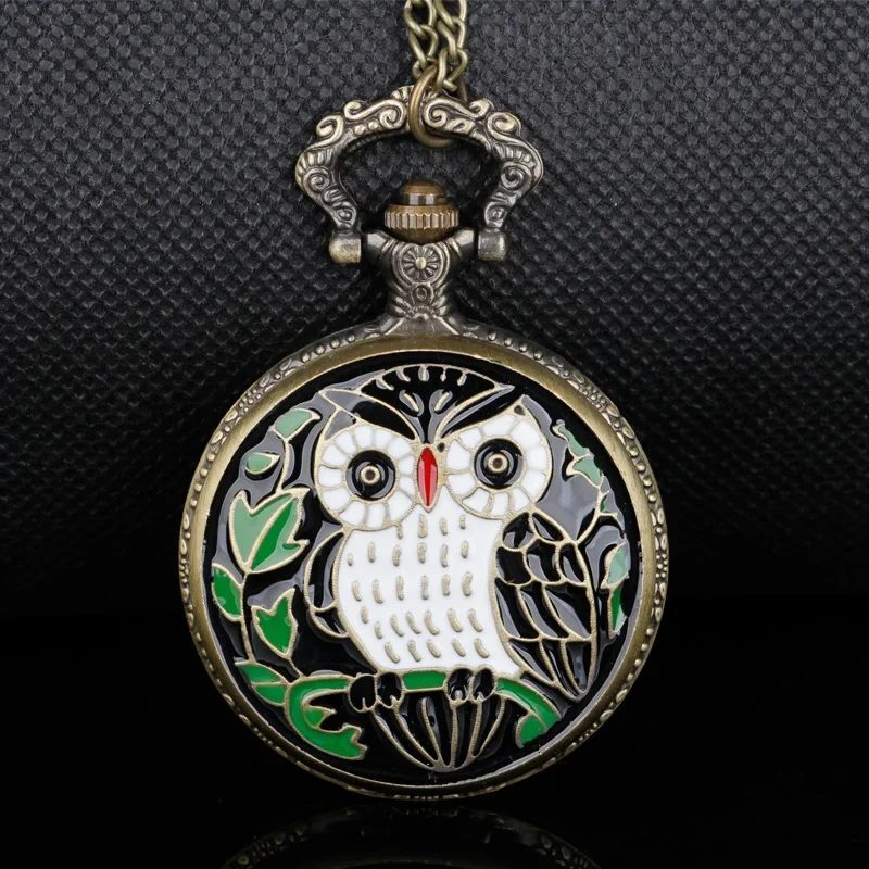 Painted Owl Flip Type Quartz Pocket Watch Bronze Unisex Children Clock Pendant Practical Watch Gift