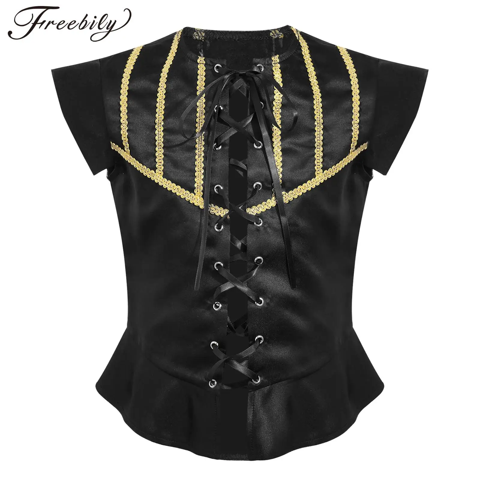 Kids Boys Halloween Carnival Medieval Renaissance Prince Pirate Cosplay Costume Short Sleeve Lace-up Steampunk Vest Waistcoat