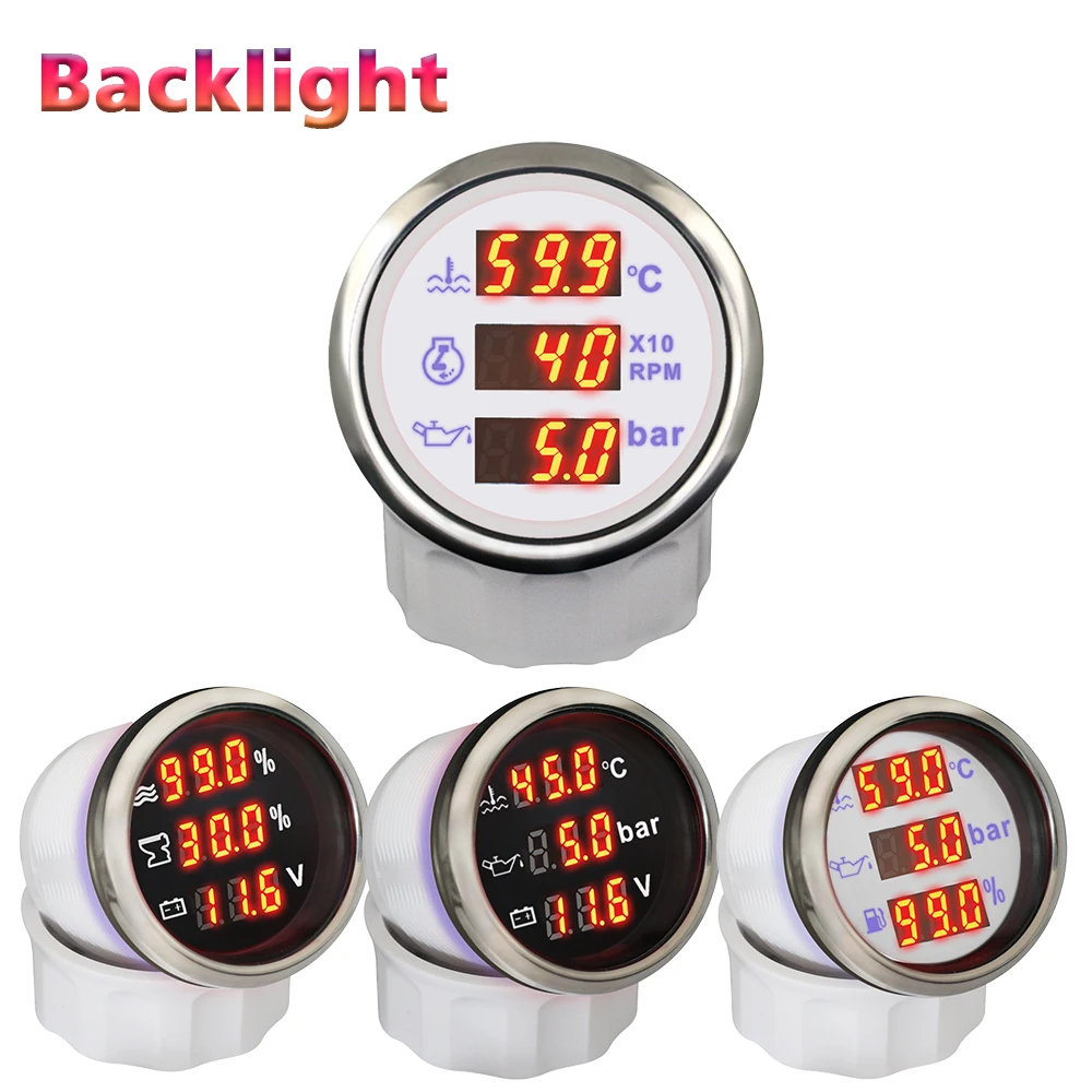 ELING Digital Gauge 52mm 3 in 1 Multifunction RPM Voltmeter Water Temp Oil Pressure Water Fuel Level Holding Tank for Car Boats