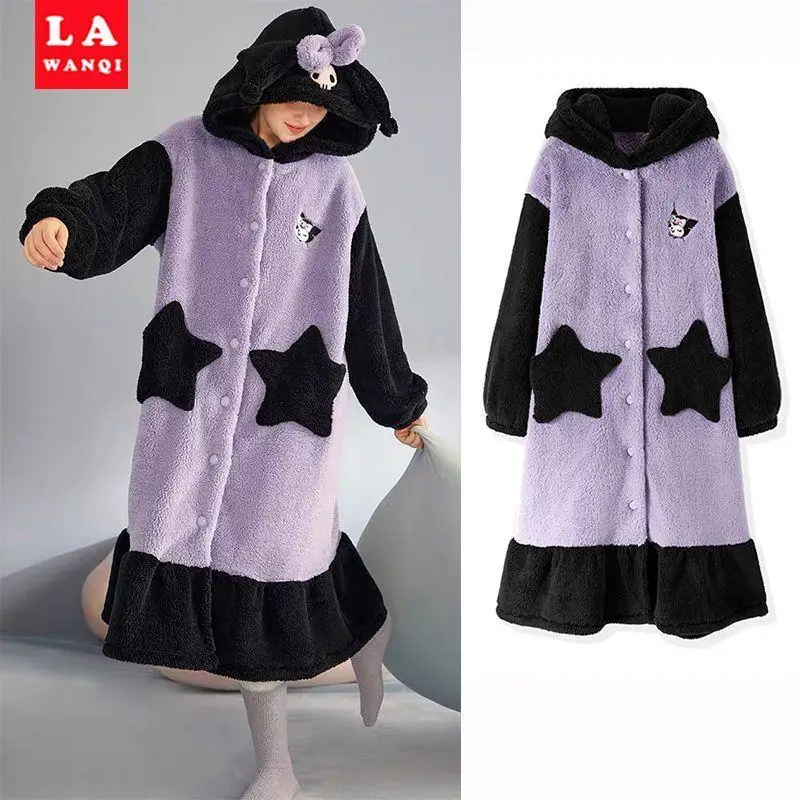 Sanrio Anime Kawaii kuromi My Melody Fleece Pajamas Autumn Winter Coral Thickened Long Comfortable Nightdress Home Wear