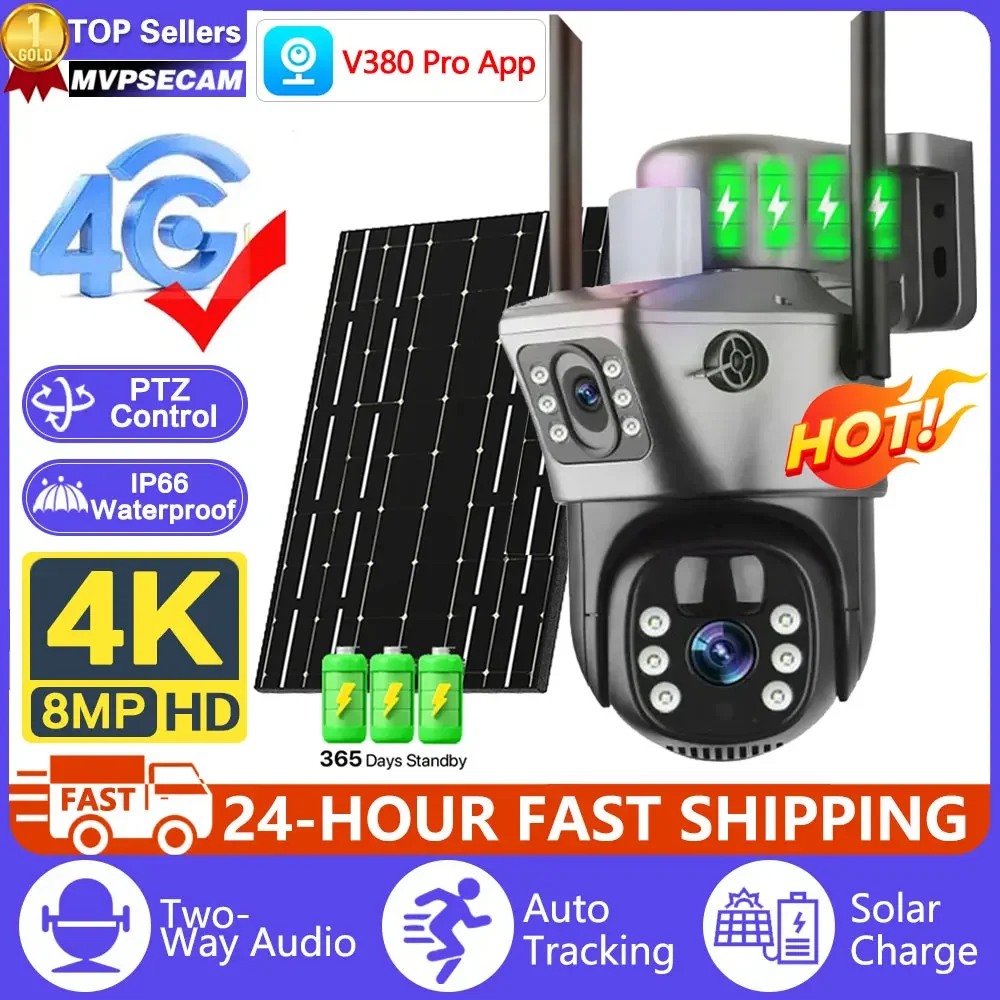 

4K 8MP Outdoor Solar Dual Lens Camera,4G SIM Card Solar CCTV Wireless Camera,Built in Battery Safe and Waterproof Dual Screens