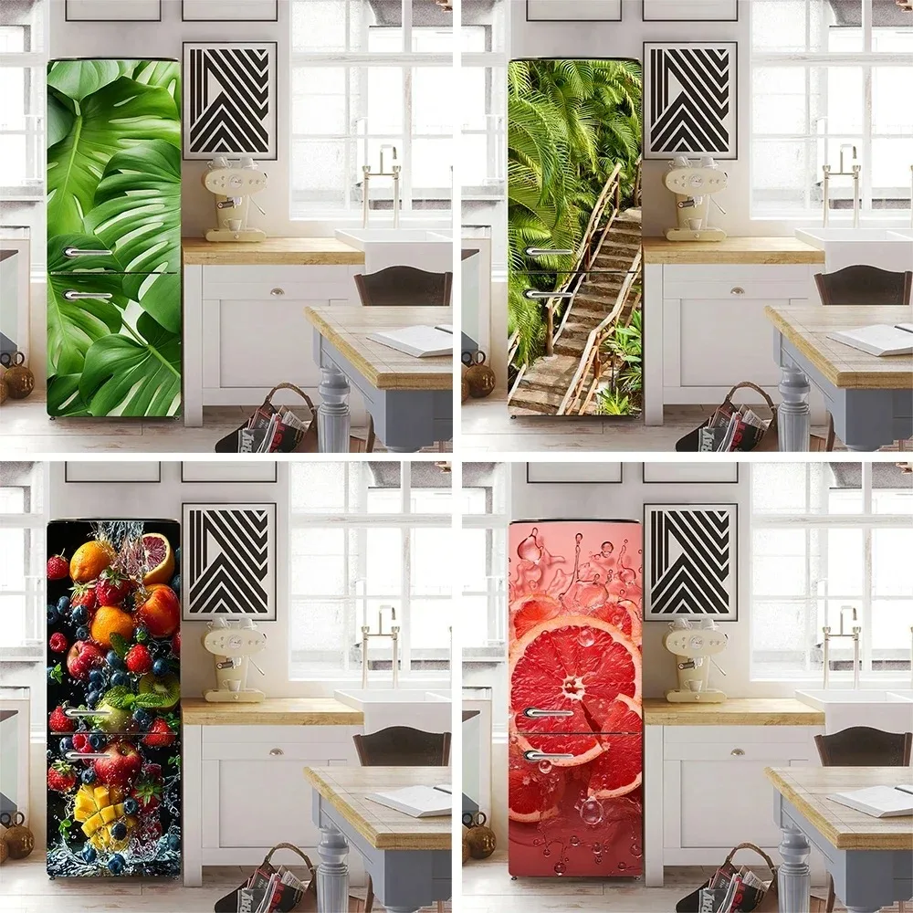 

Green Plants Palm Leaves Fruit Fridge Door Sticker Waterproof PVC Refrigerator Mural Wrap Decals Kitchen Decor
