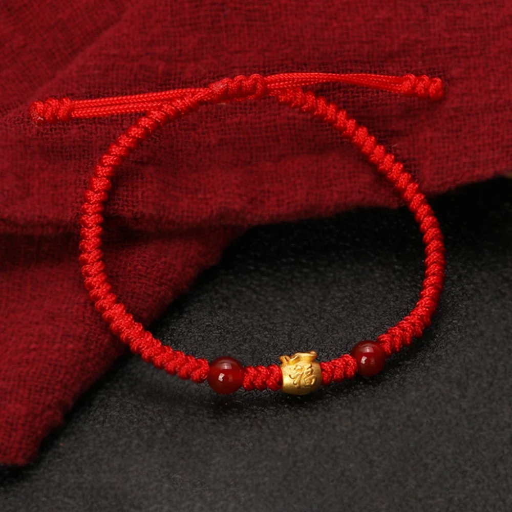 

Real Pure 999 24K Yellow Gold Bracelet 3D Lucky Bag Red Cord Knitted Bracelet