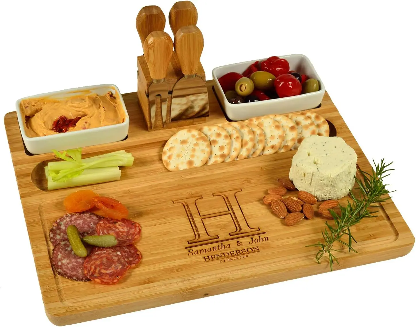 

Custom Personalized Engraved Bamboo Cheese/Charcuterie Cutting Board with Ceramic Bowls, Cheese Tools