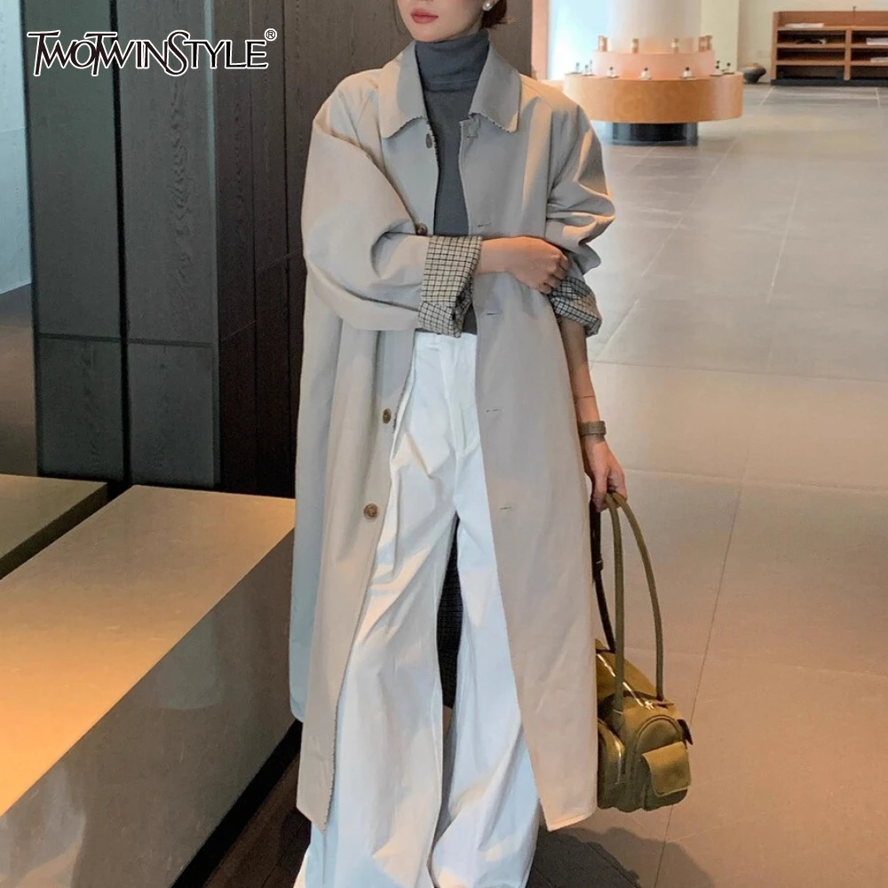 

TWOTWINSTYLE Khakl Spliced Plaid Chic Jacket Female Lapel Long Sleeve Loose Korean Commute Women's Jackets Autumn Fashion New