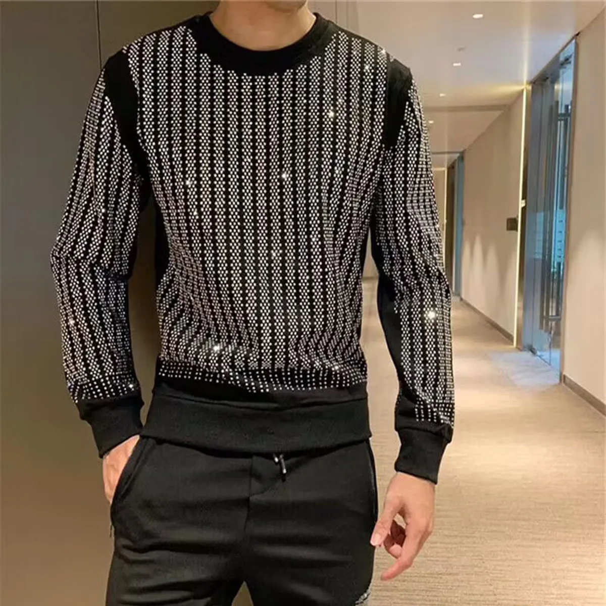 

Мужская роскошная толстовка с бриллиантами, высококачественный мужской свитер, модный блестящий мужской пуловер для вечеринок, зимняя плюшевая теплая одежда, топ