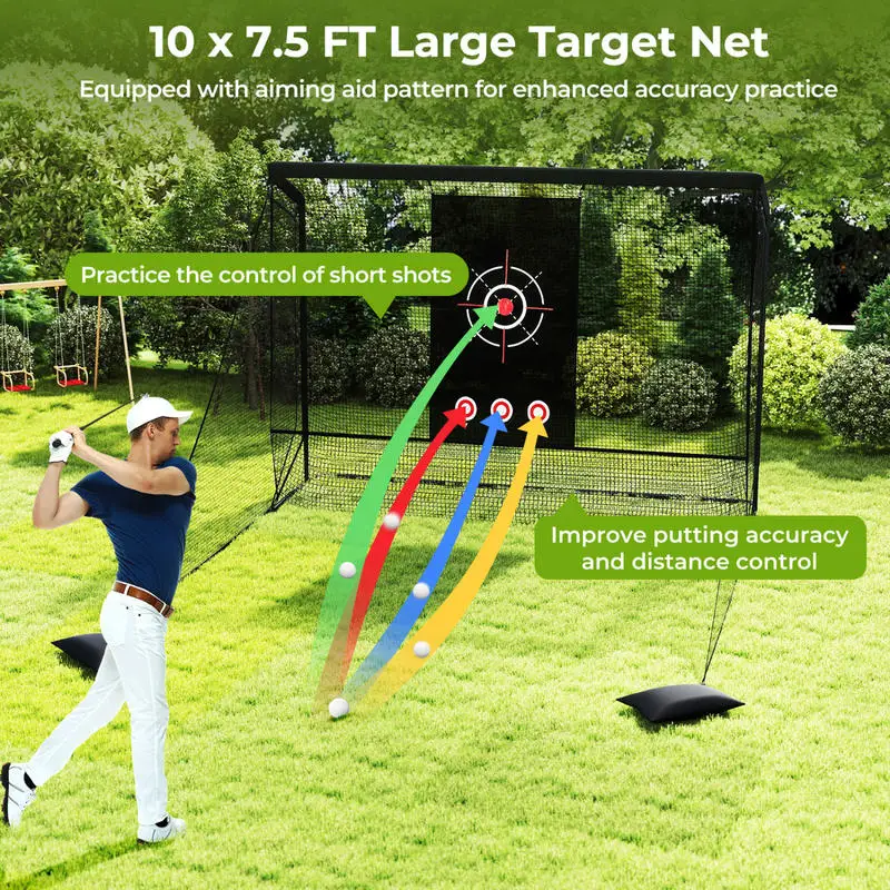 

Golf Practice Hitting Net Golf Cage with Dual Side Barriers Target Cloth Metal Frame