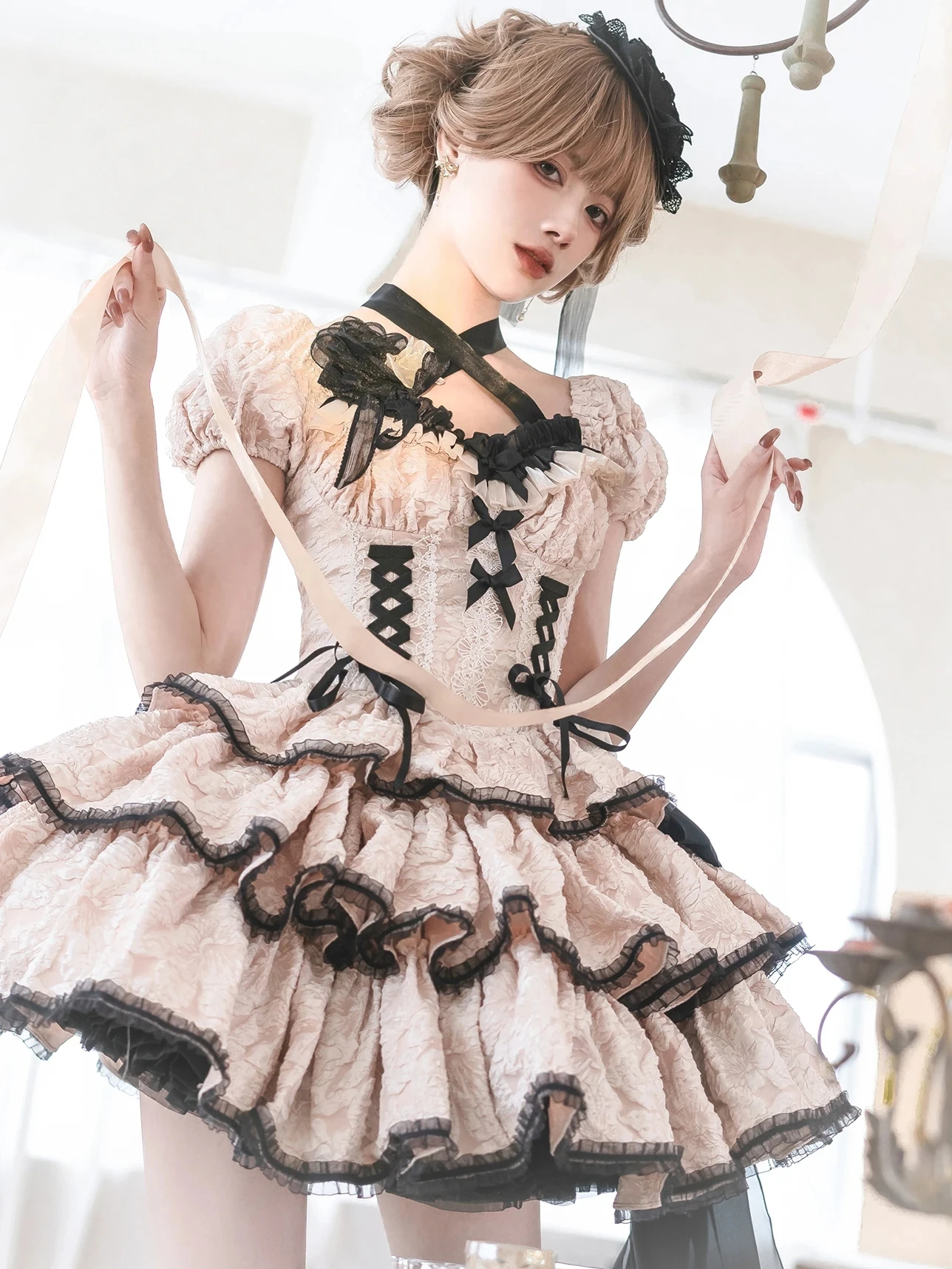 Abito Lolita quotidiano per donna Dolce giapponese Op Generare abiti da ballo di colore Mini abito sexy Y2K con lacci incrociati carini