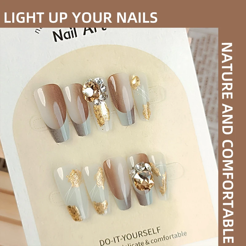 

French Gradient Handmade Press on Nails Wearable Nail with Gold Foil Large Diamonds, and Minimalist Nail Art