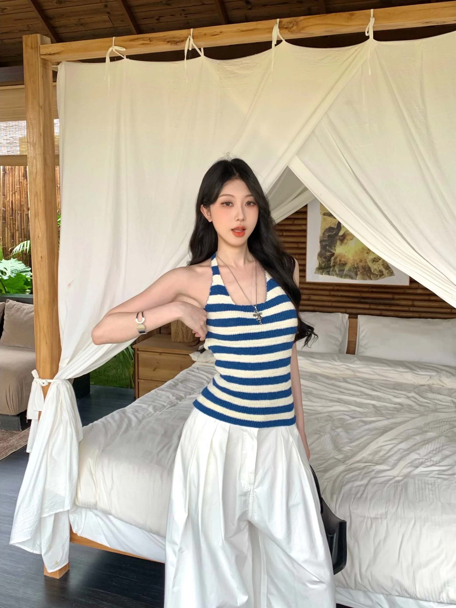 

Blue White Striped V-Neck Hanging Neck Backless Sexy Girl Halter Top High Waist Casual Floor-Length Wide Leg Pants Fashion Se...
