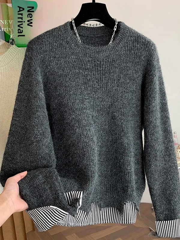 

Свободный вязаный свитер с длинными рукавами и круглым вырезом, имитация двухслойного комплекта, повседневный модный осенне-зимний топ от HanSooMe