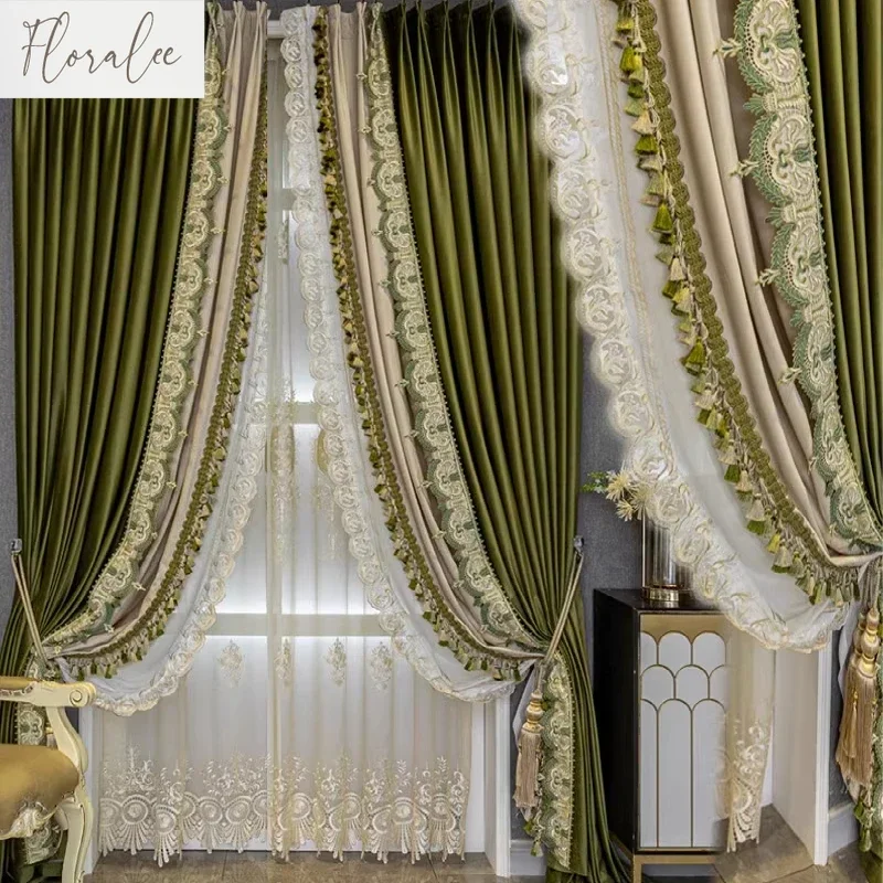 Luxurious French Olive Green Velvet Curtains for Bedroom Living Room French Window Custom Window Screen House Decor White Tulle