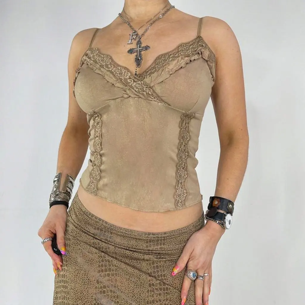 

Sexy Spice Girl Y2K Vest European And American Style Lace Ruffled Slim Fit V-Neck Small Sling for Summer