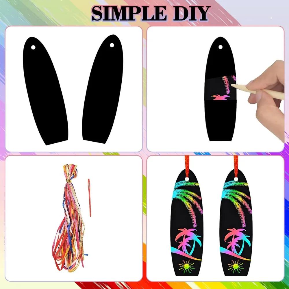 กระดานโต้คลื่นฤดูร้อน 48 ชิ้น, การ์ดขูดสําหรับเด็ก, หัตถกรรมกระดาษอาร์ตเวิร์มโต้คลื่น Magic Rainbow