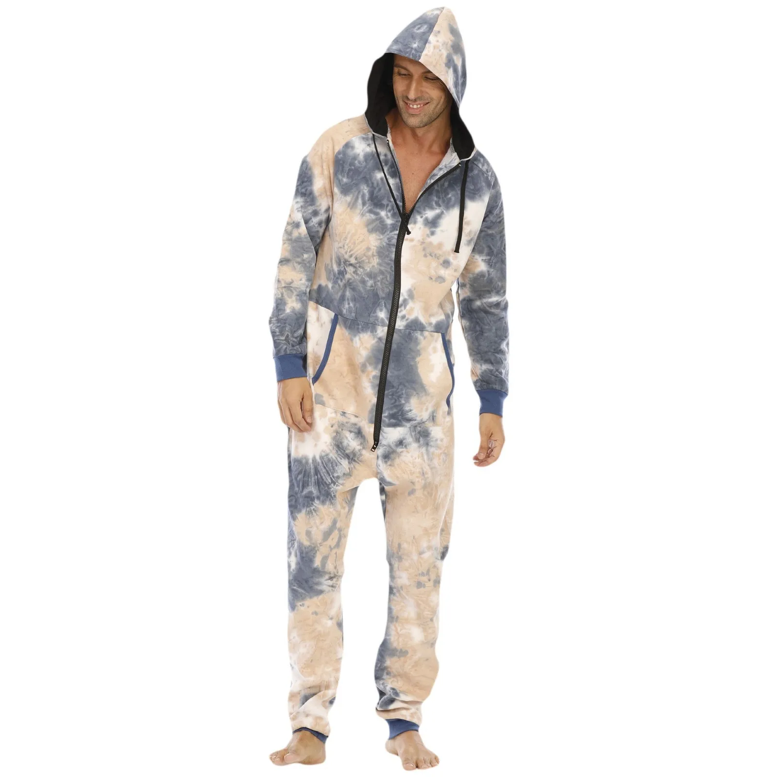 Onesie Men Jumpsuit Sleeping Clothes Zipped Up Men Pajama Hooded Jumpsuit Camouflage Fleece Winter Warm Adult Sleepwear