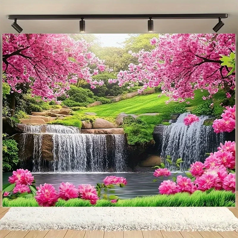 cherry blossom tapestry pink sakura trees over waterfall serene garden landscape nature wall art for yoga studiomeditation space
