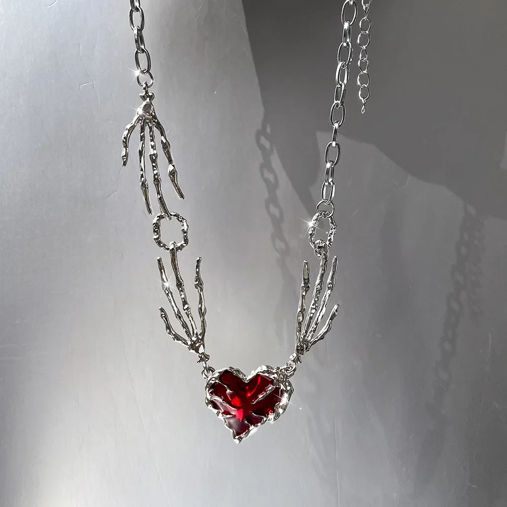Cross Heart Red Stone Hand Bone Pendants Choker Chain Necklace Ins Punk Goth Charm Korean Men Women Y2K EMO Accessories Jewelry