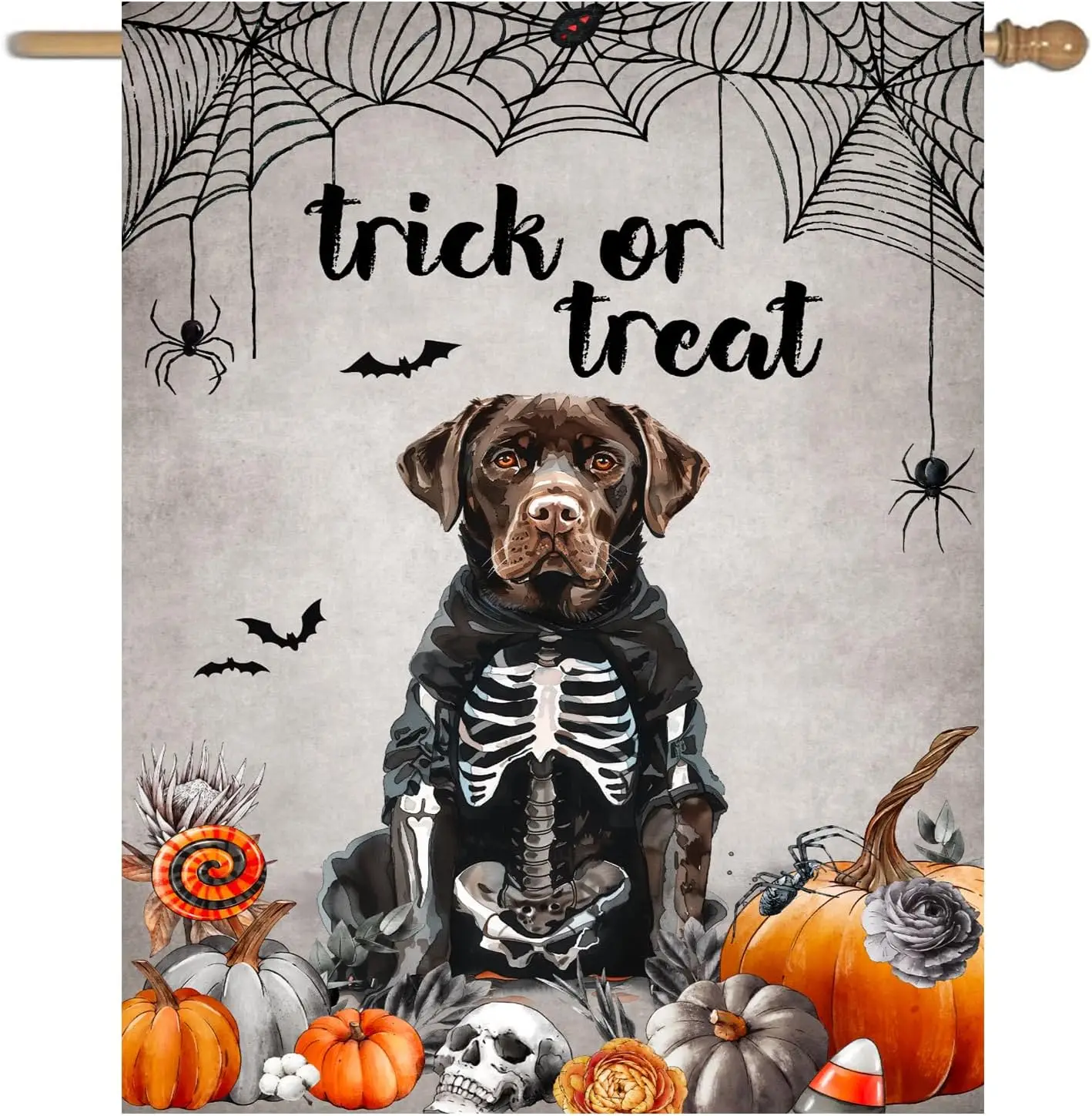 Chocolate Lab Garden Flag Halloween Flags 28x40 Double Sided Trick Or Treat Yard Flag Ghost Dog Garden Flags for Outside Skeleto